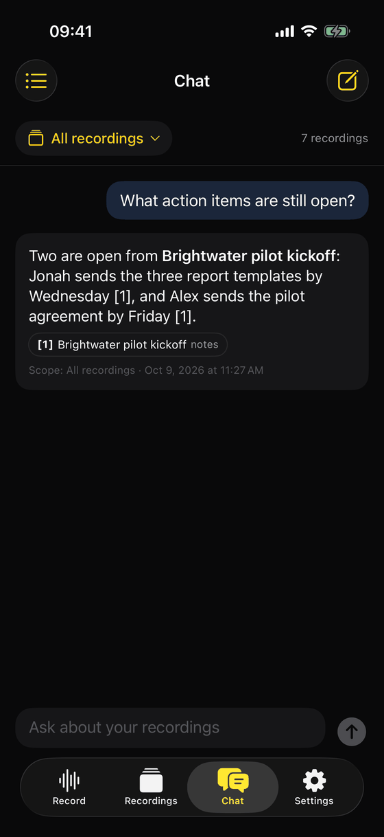 Chat answering What action items are still open, with a citation to the Brightwater pilot kickoff