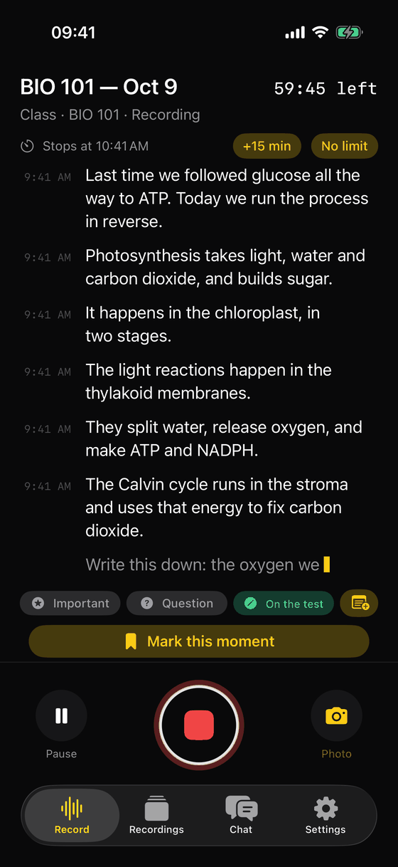 Recording a BIO 101 lecture on iPhone with the On the test mark selected