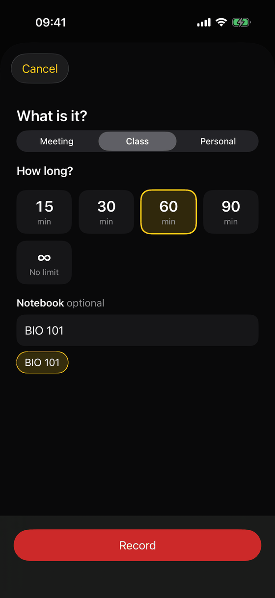 Record sheet with Class selected, 60 minutes, notebook BIO 101