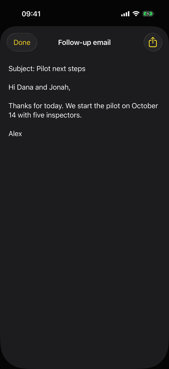 A drafted follow-up email: Subject: Pilot next steps