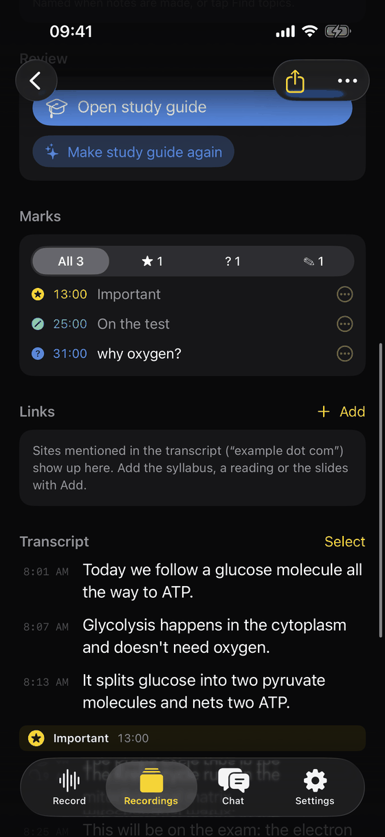The Marks list of a lecture: Important at 13:00, On the test at 25:00, a question at 31:00