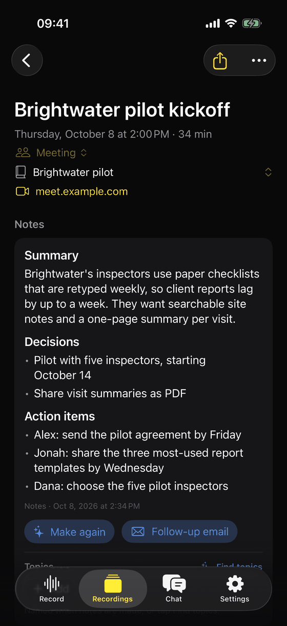 Meeting notes on iPhone: summary, decisions and action items for the Brightwater pilot kickoff