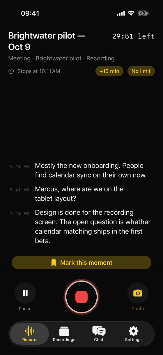 iPhone recording a meeting: live transcript, 29:51 left, +15 min and No limit buttons, Mark this moment