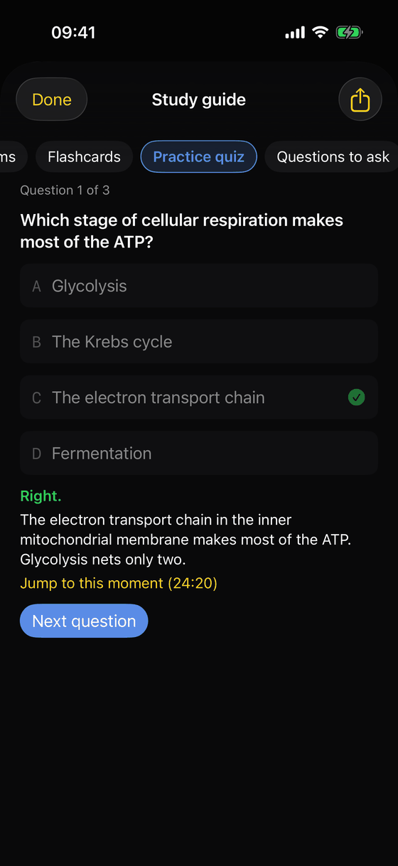 Practice quiz answered correctly: the electron transport chain, with Jump to this moment