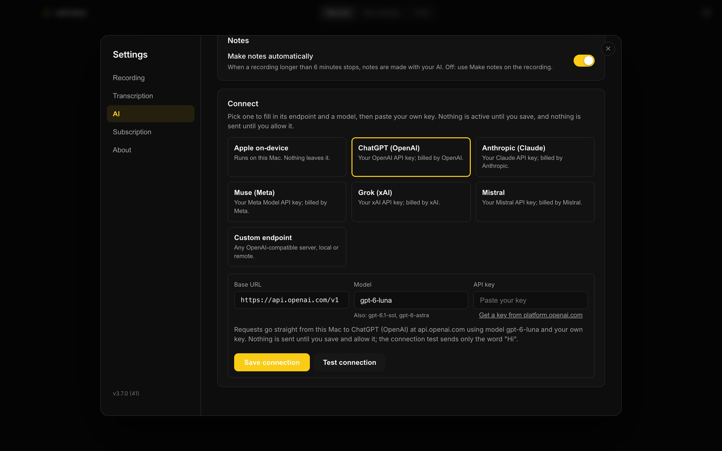 Mac Settings, AI: cards for Apple on-device, ChatGPT, Anthropic, Muse, Grok, Mistral and Custom endpoint, with Test connection