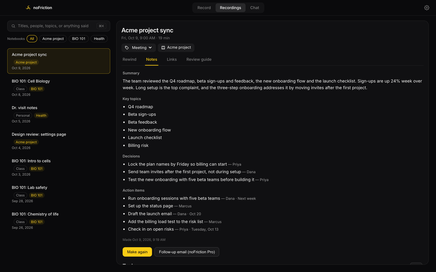 Mac: the Acme project sync recording with its notes, decisions and action items