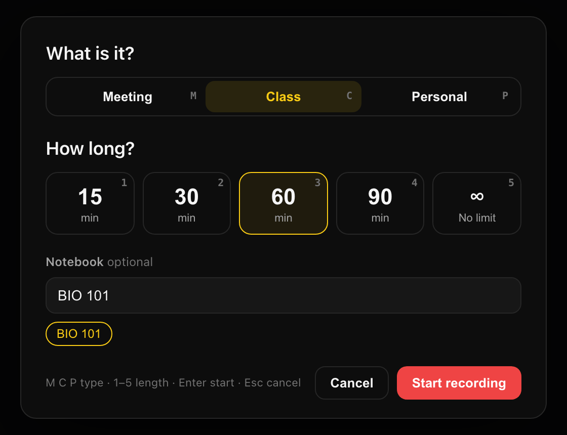 Mac Record sheet: What is it? Class, How long? 60 min, Notebook BIO 101
