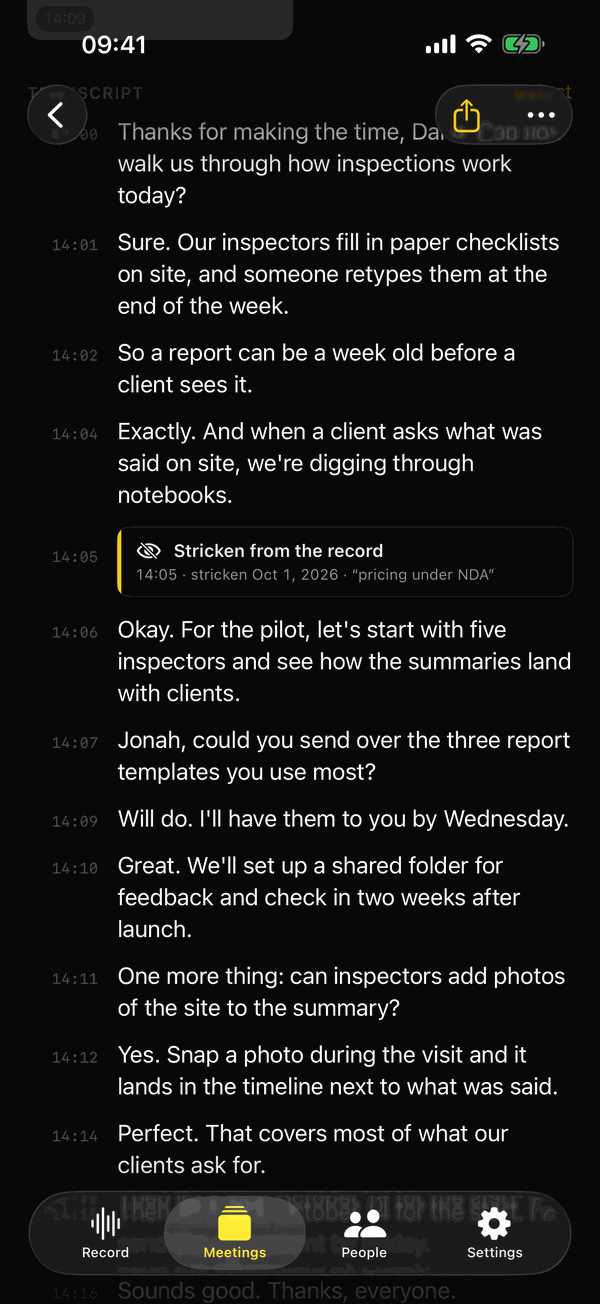 A transcript with a Stricken from the record marker at 14:05 in place of the removed words, with the reason pricing under NDA.