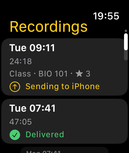 Apple Watch Recordings list: a Class recording Sending to iPhone and an earlier one marked Delivered.