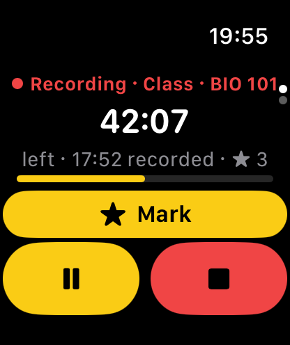 Apple Watch recording a Class in the BIO 101 Notebook: 42:07 left, three Important marks, and Mark, Pause and Stop buttons.